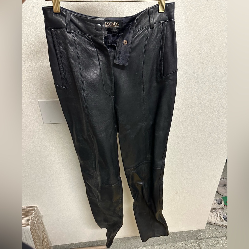 Escada Black Leather Straight Leg Pants